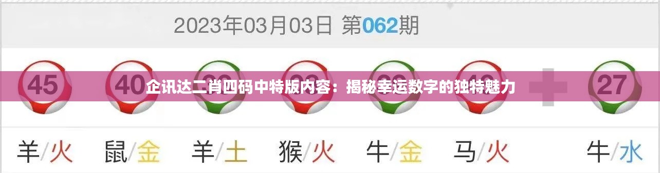 企讯达二肖四码中特版内容:揭秘幸运数字的独特魅力