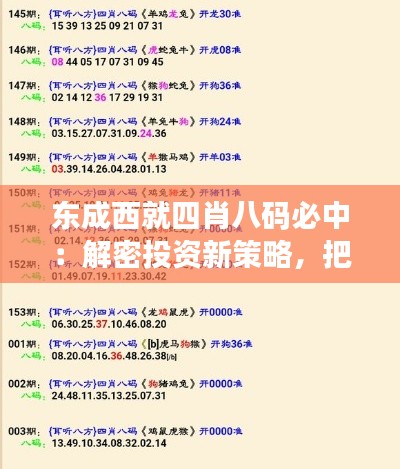 东成西就四肖八码必中:解密投资新策略,把握财富脉搏